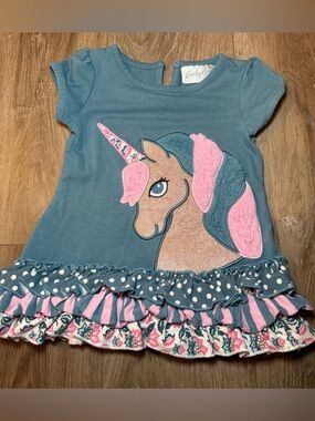 Emily Rose Toddler Girls Unicorn Ruffle Top Size 2T Blue Pink Glitter